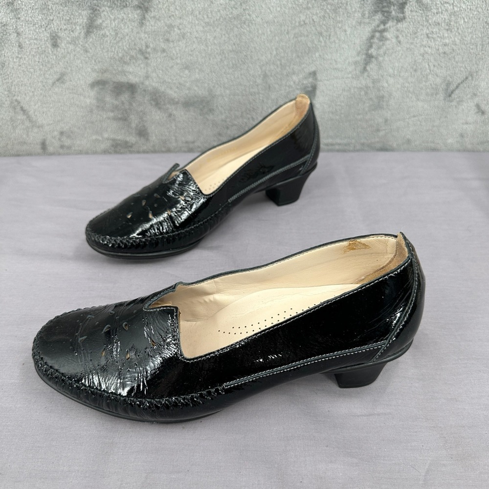 SAS Sonyo Black Patent Leather Pumps Heels Womens 9 Wide USA Low Block Heel